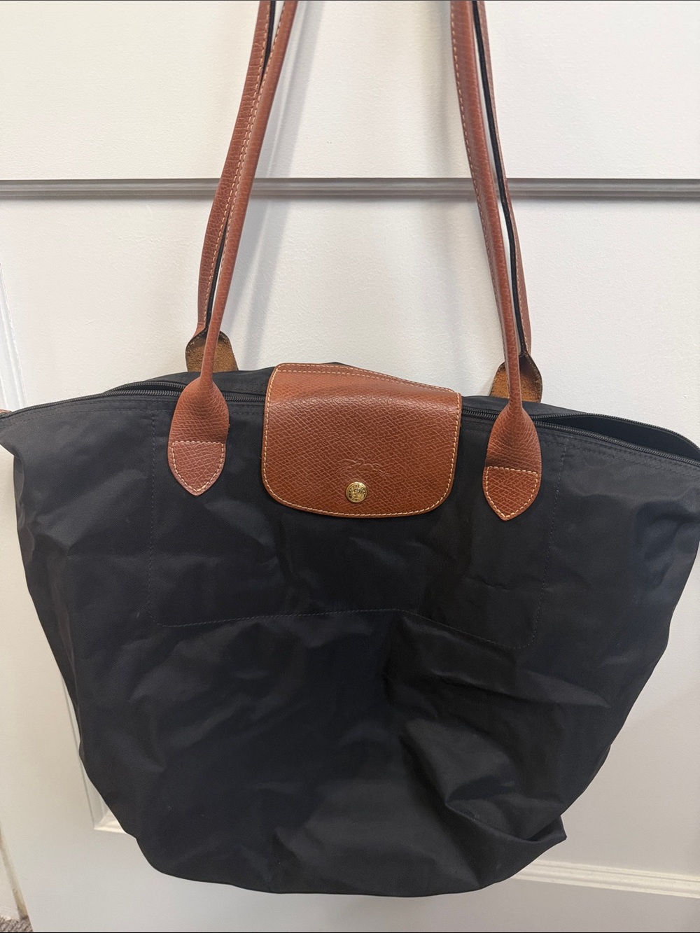 Longchamp Black Tote with Brown Leather Trim